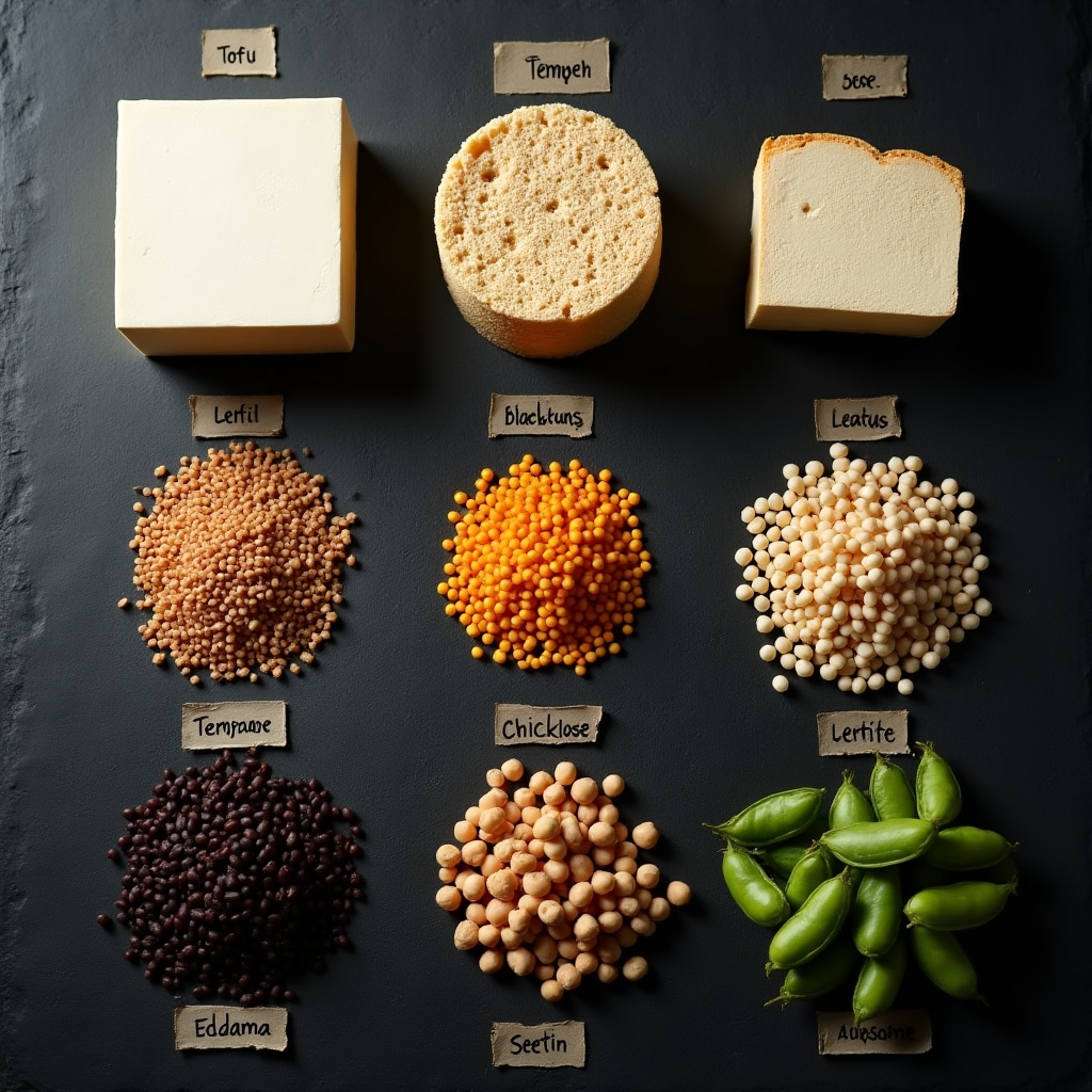 Ingredienti vegetali disposti su piano di lavoro: tofu, tempeh, legumi, erbe