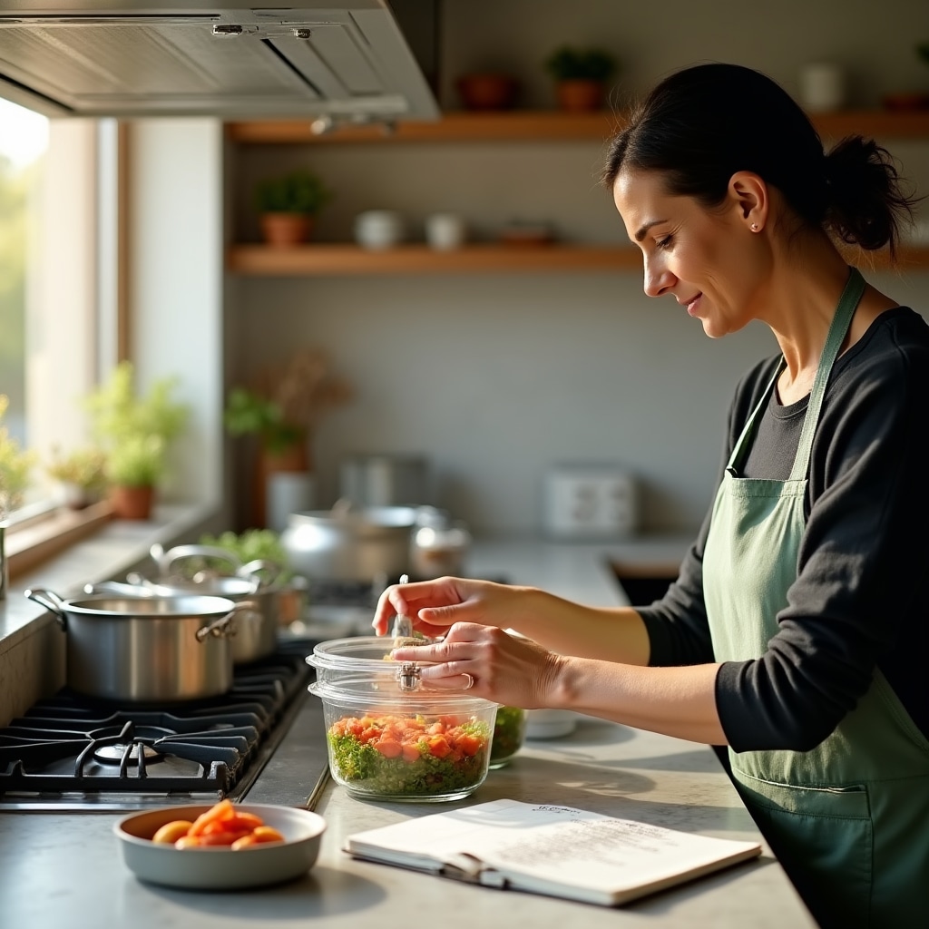 Cucina con contenitori aperti durante sessione di meal prep domenicale