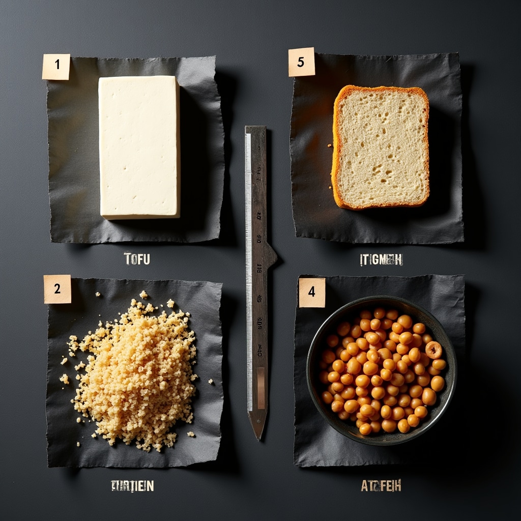 Comparazione visiva di tofu, tempeh, seitan e legumi su piano di lavoro
