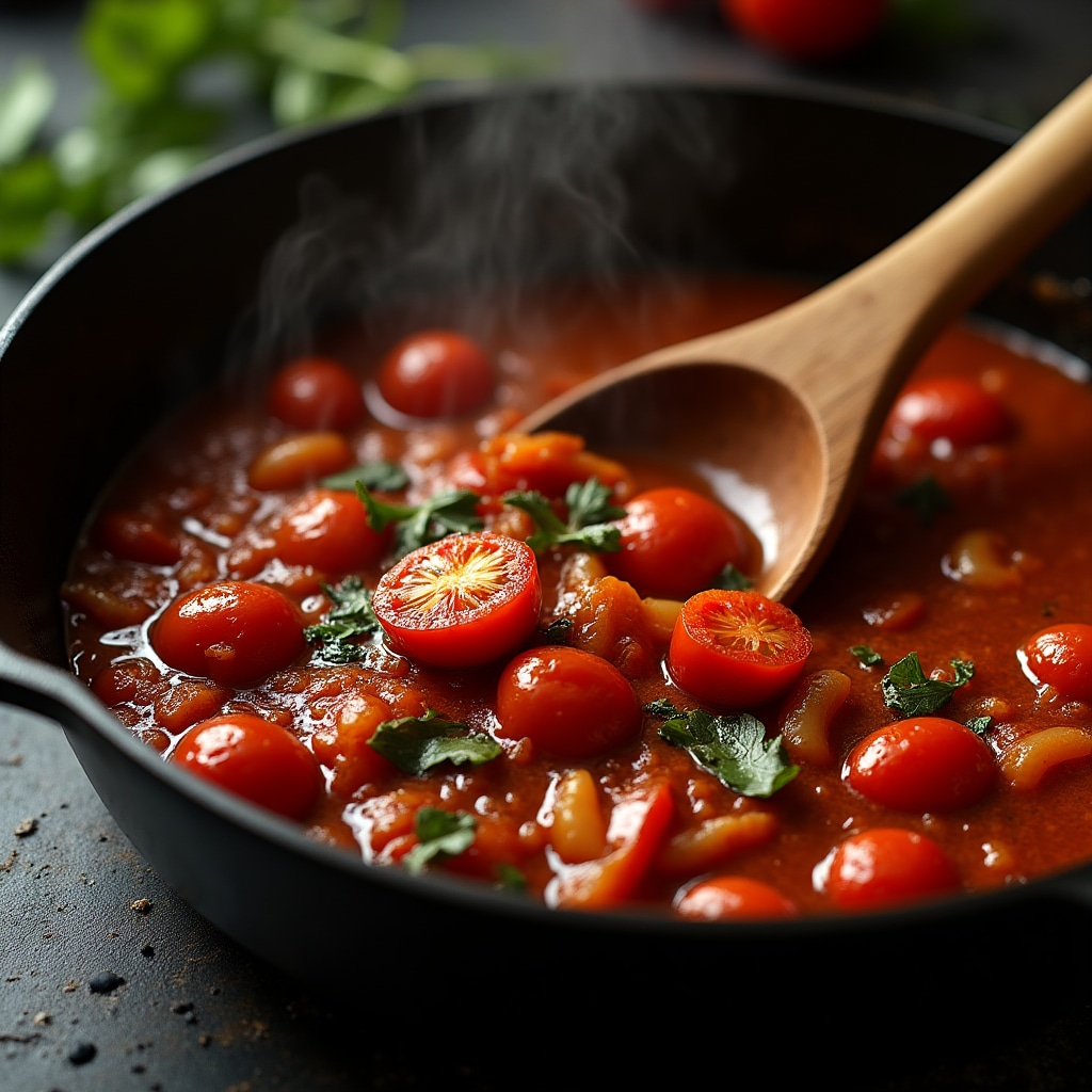 Sugo di pomodoro ricco con verdure e erbe aromatiche in padella