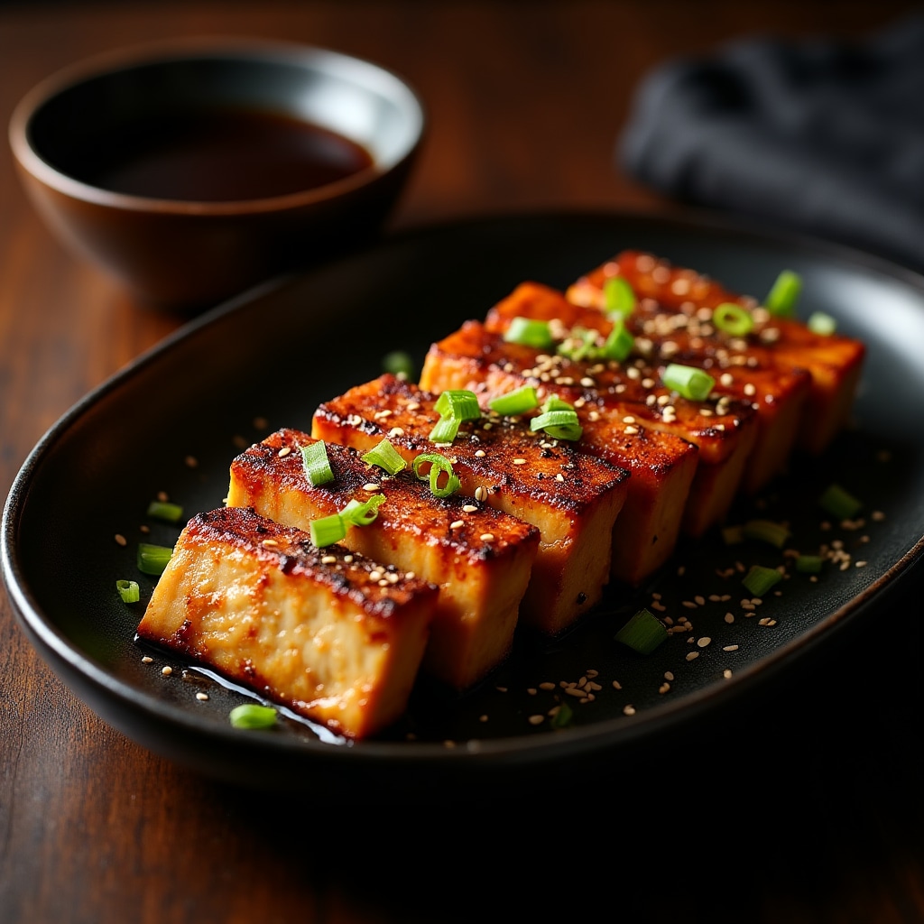 Vassoio con tofu affumicato e glassato pronto per essere servito
